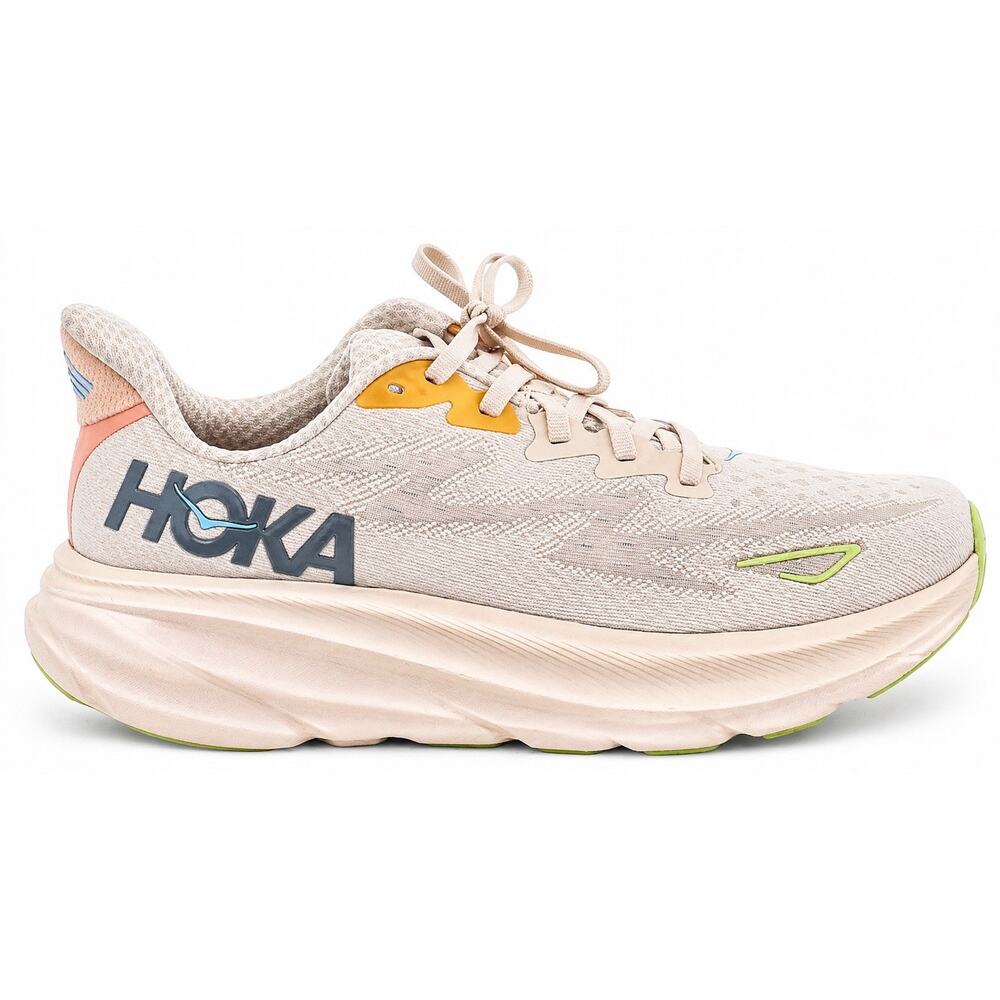 HOKA One One Clifton 9 Women Running Shoe Beige Peach Lime Cushioned Sneaker 7.5